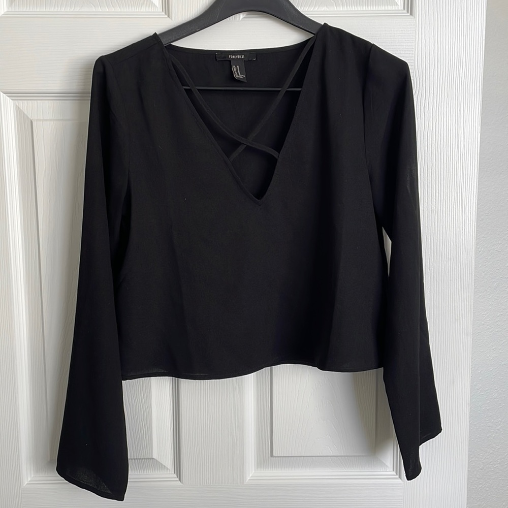 Black Boxy Long Sleeve Top with Flirty Criss Cross V Neck Shirt Size M